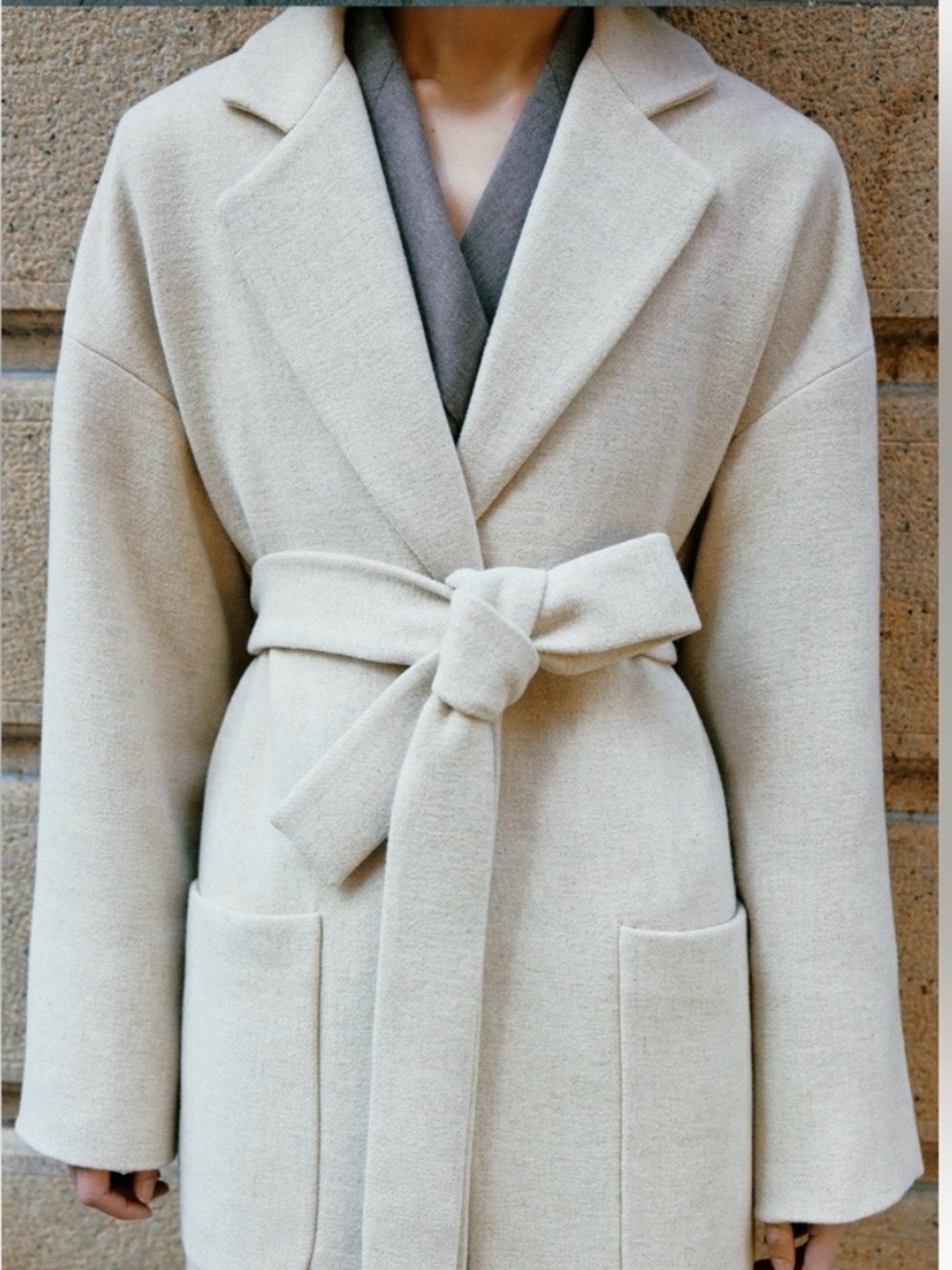 Zara Wool Blend Belted Wrap Coat Stone Beige